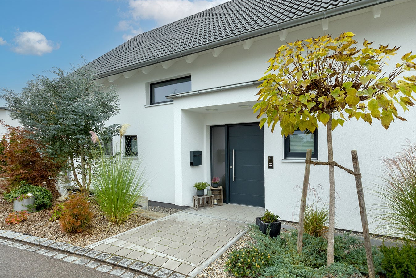 Einfamilienhaus-mit-doppelgarage-außenansicht-mit-antrazitfarbener-haustuer